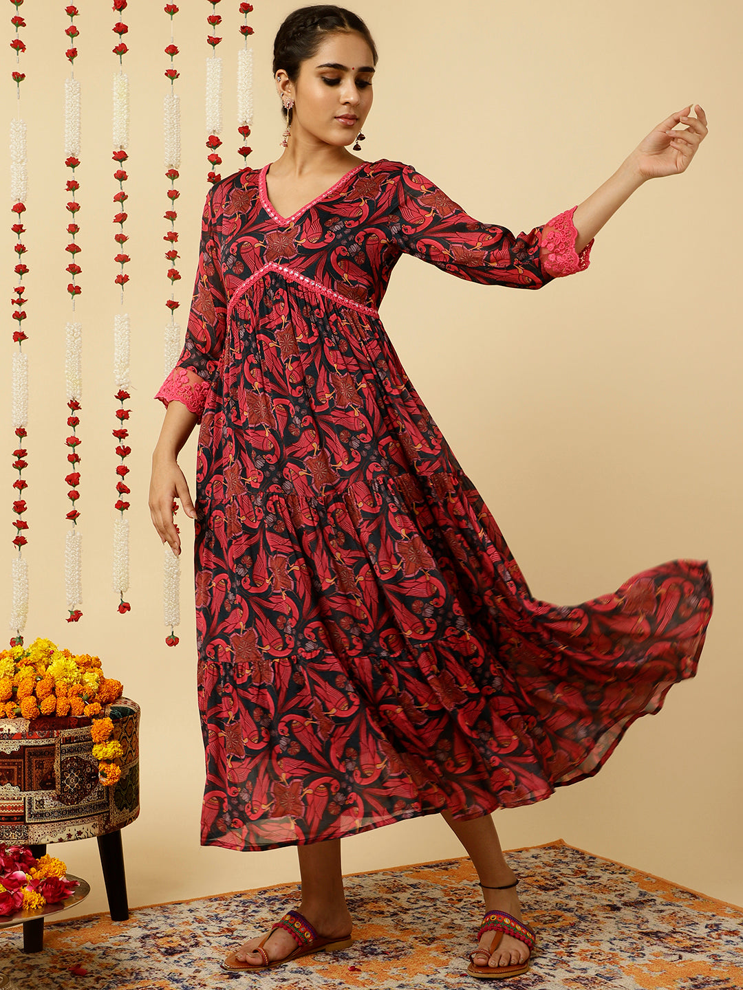 Fuchsia Animal Print Flared Kurta With Dupatta