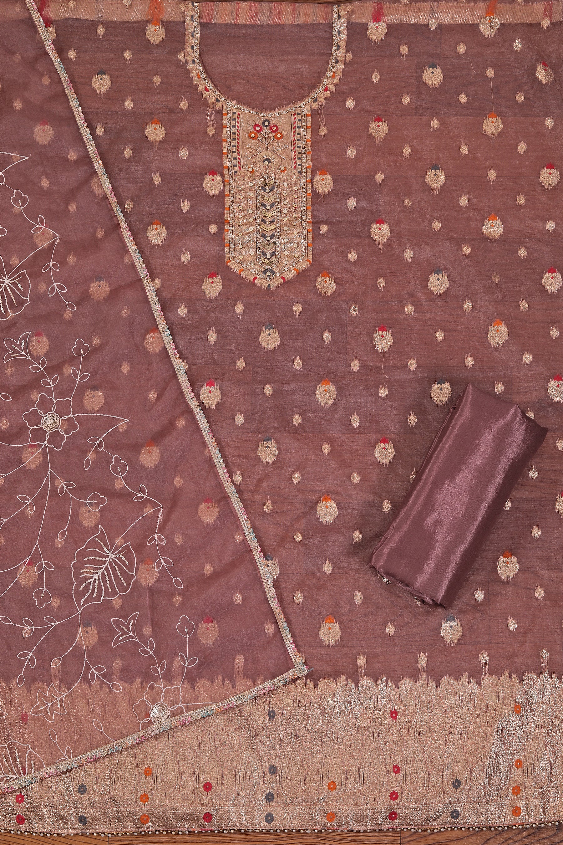 Dark Peach Woven Design Organza Gota Patti Dress Material With Dupatta