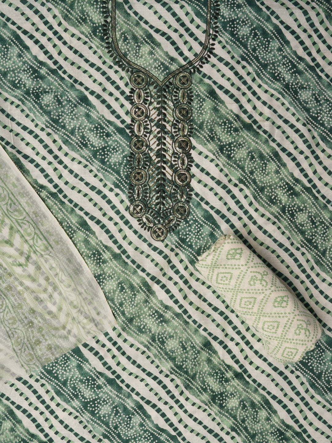 Sea Green Unstitched Cotton Bandhani Printed Dress Material With Dupatta