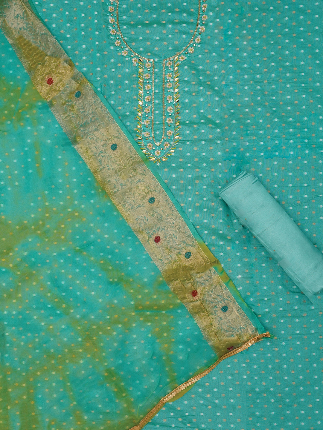 Sea Green Cotton Blend Embellished Dress Material with Dupatta