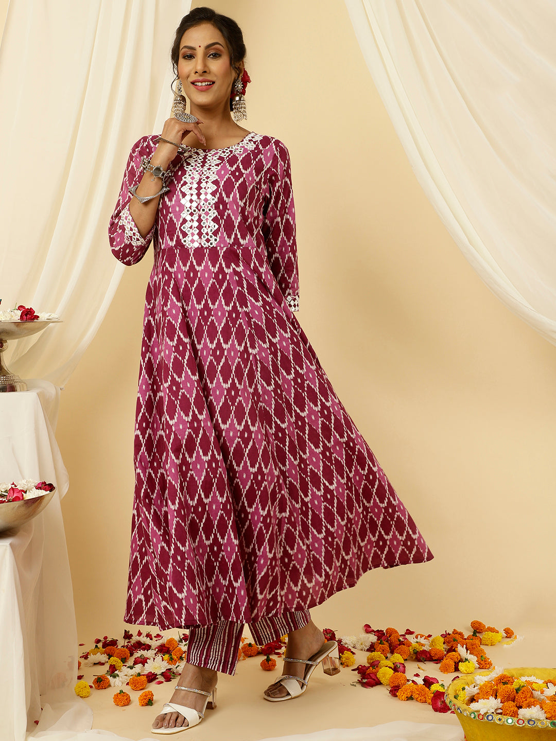 Purple Mirror Embellished Ikat Printed Anarkali Kurta With Pants And Dupatta