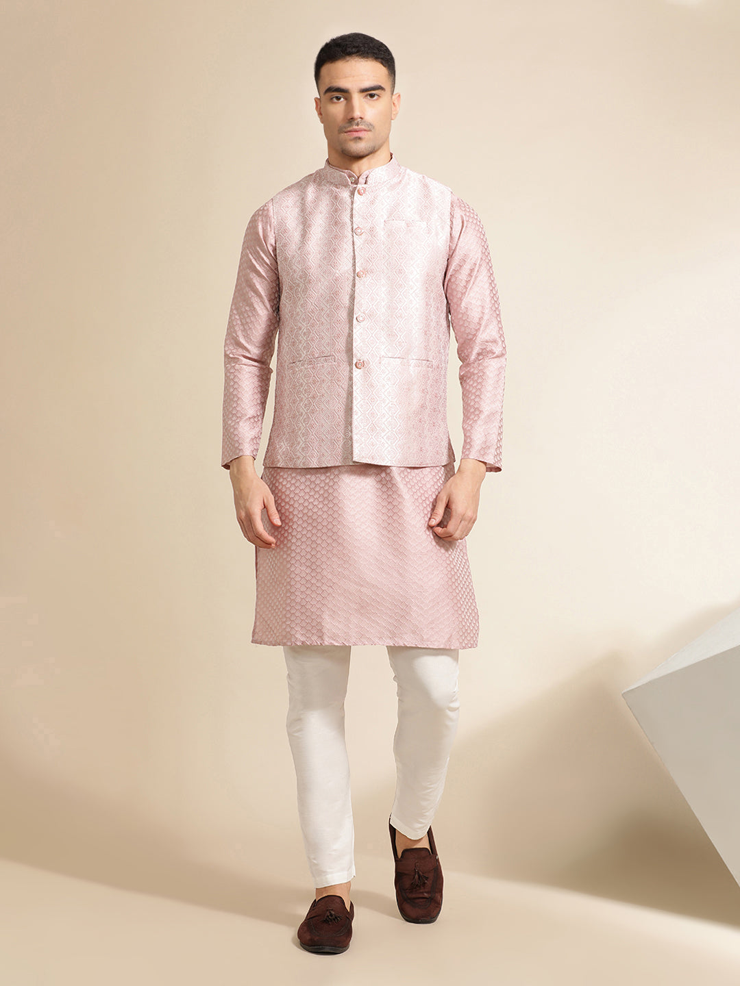 Pink Festive Kurta With Printed Nehru Jacket Set