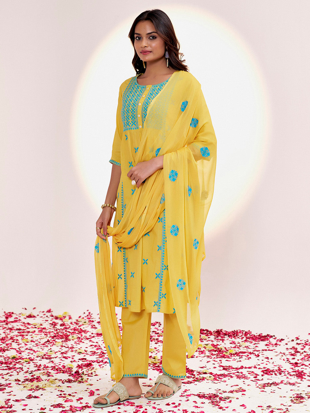 Pure Cotton Festive Chikankari Yellow Kurta Set With Dupatta