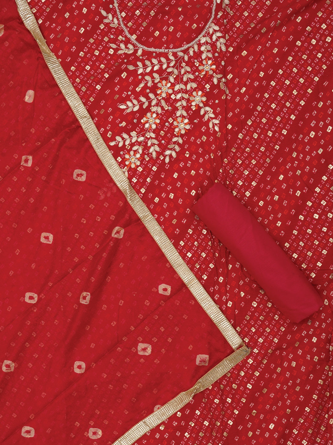 Unstitched Cotton Bandhani Printed Pink Dress Material With Dupatta