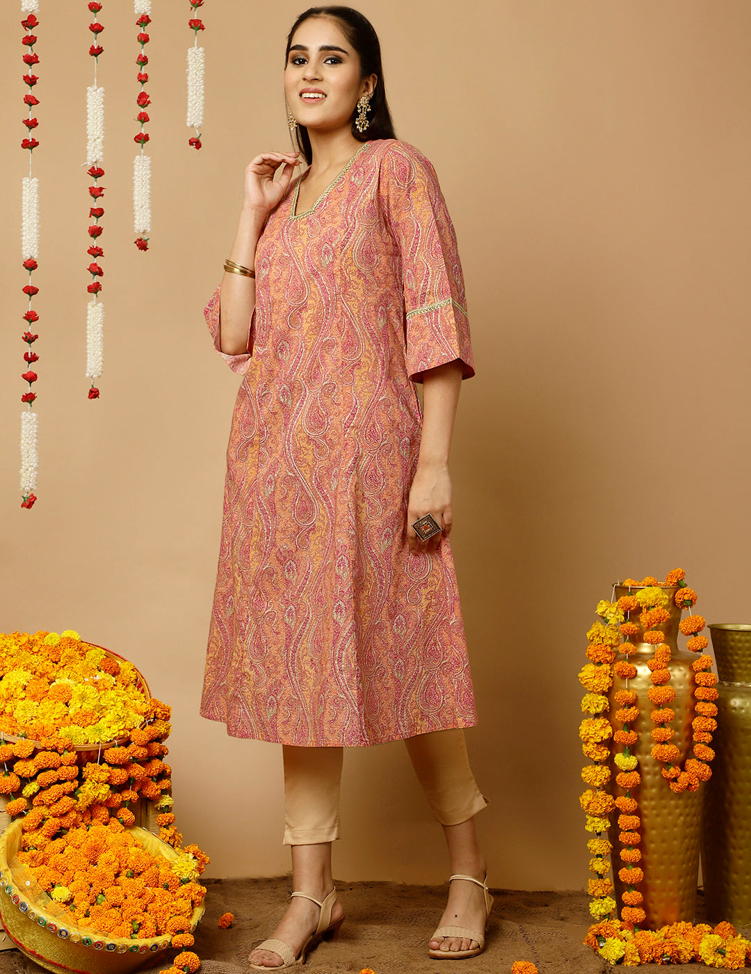 Peach Paisley Print Pakistani Kurta