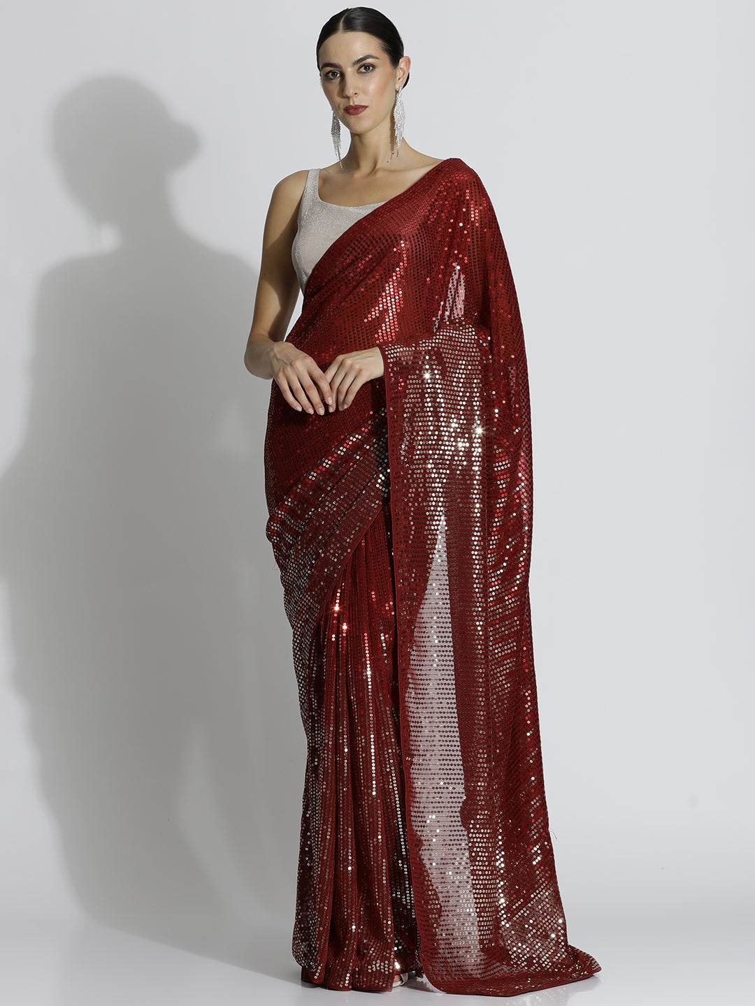 Sequin Embroidered Georgette Party Wear Red Saree