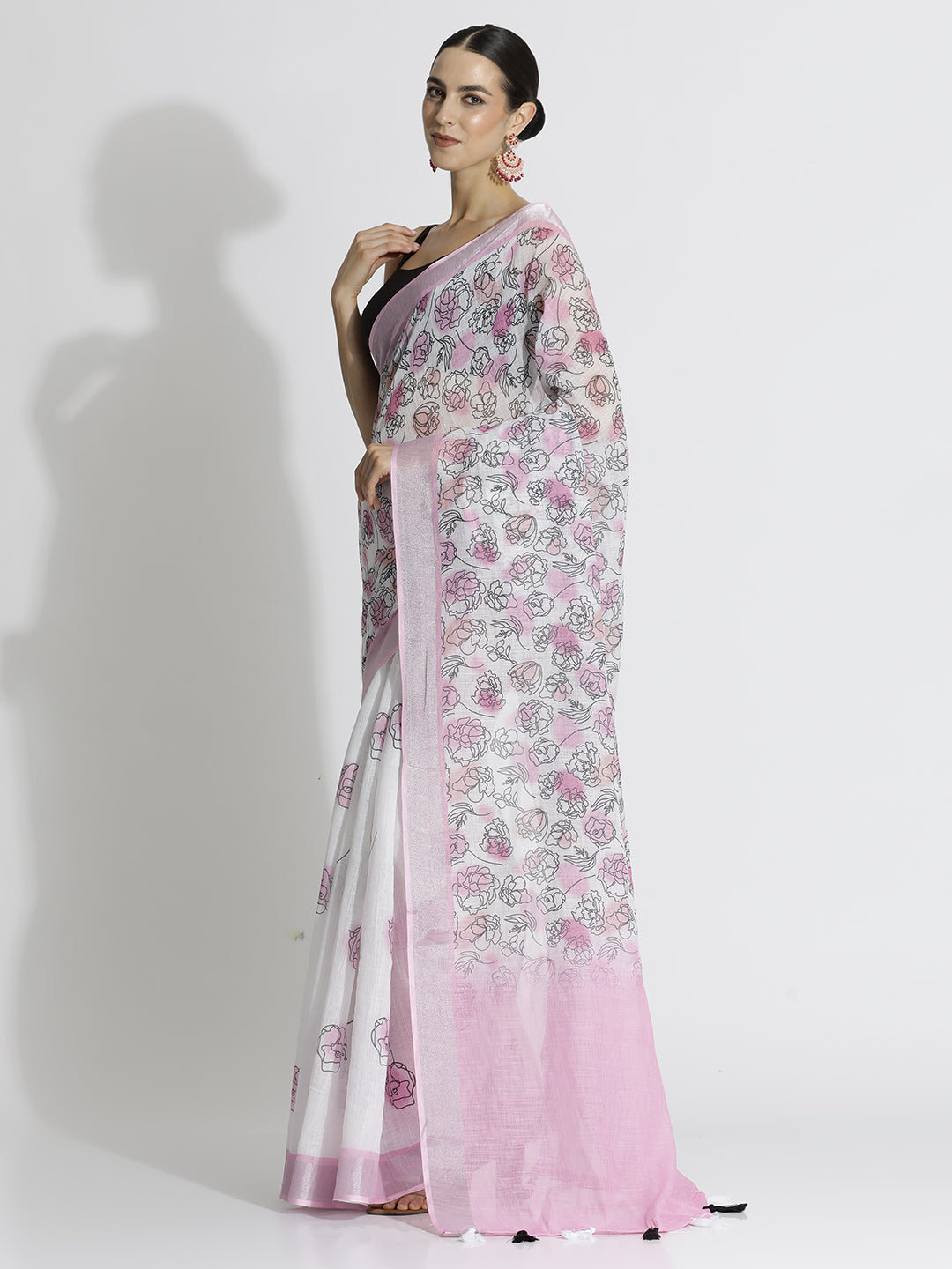 Floral Printed Daily Wear White Pure Linen Saree