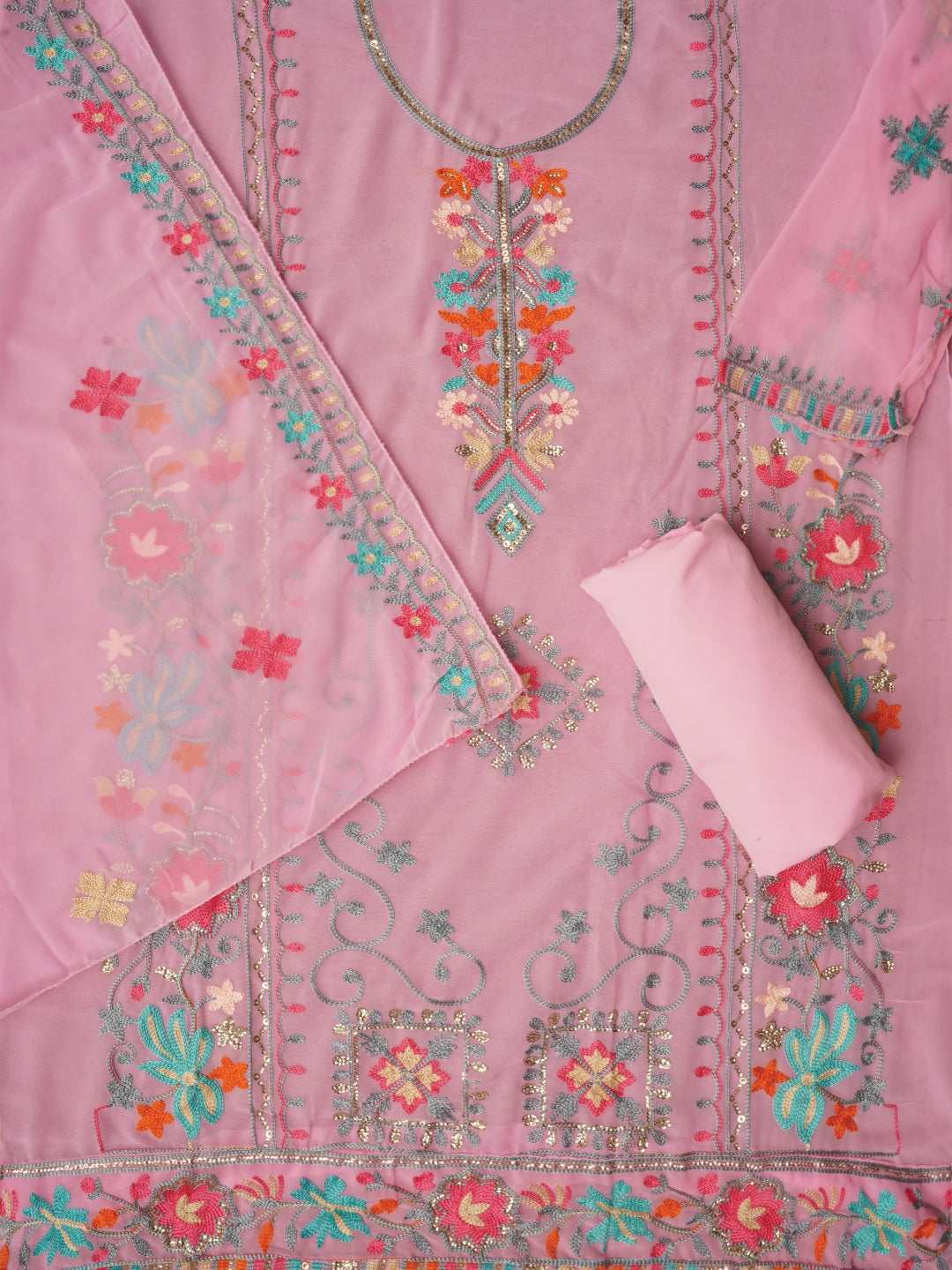 Pink Sequin Embroidered Silk Georgette Dress Material with Dupatta