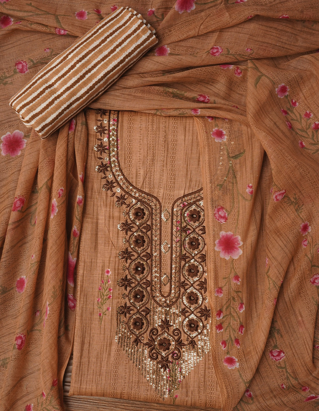 Beige Embroidered Pure Cotton Dress Material with Dupatta