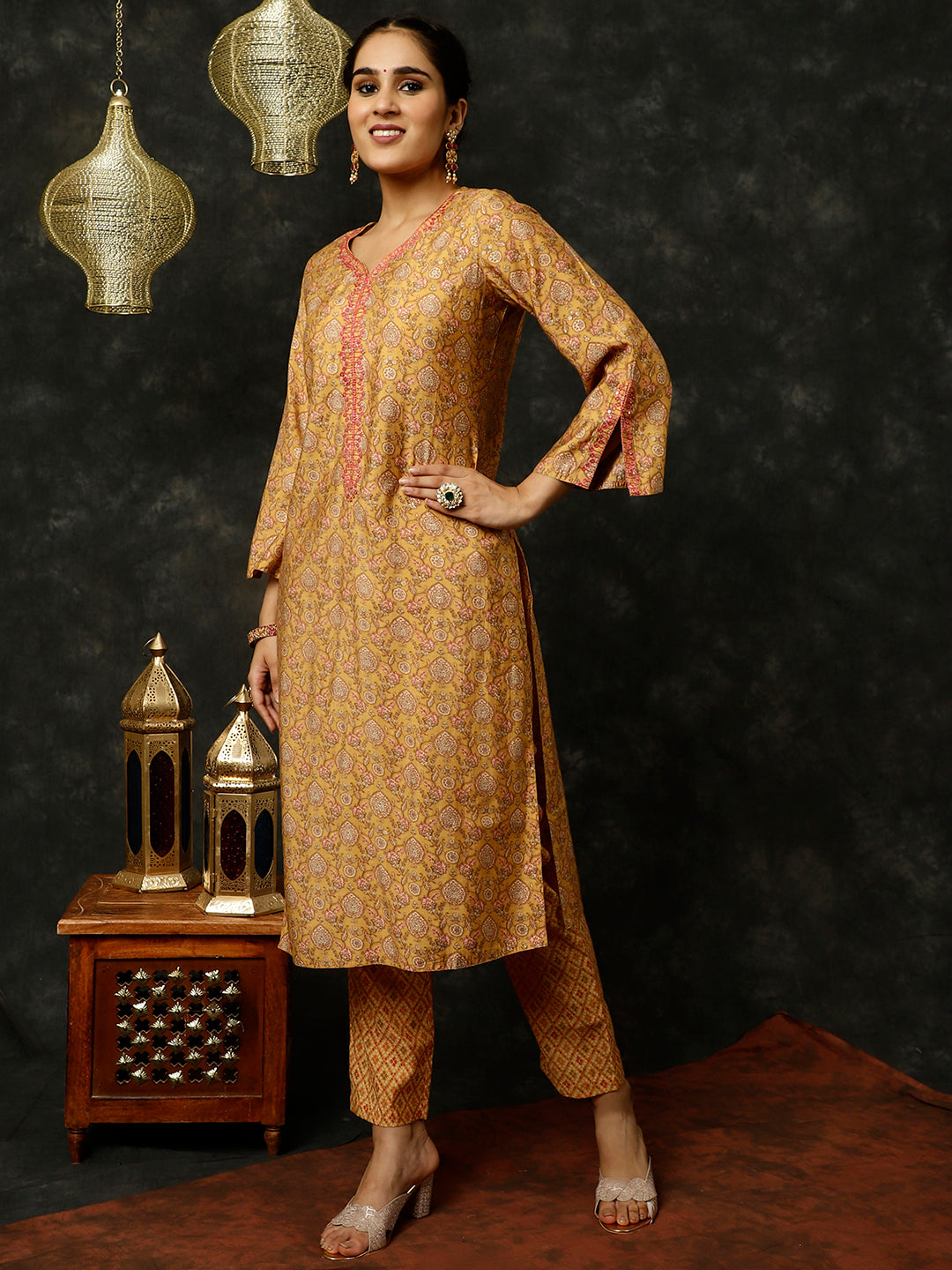 Yellow Foil Printed Kurta With Pants And Dupatta