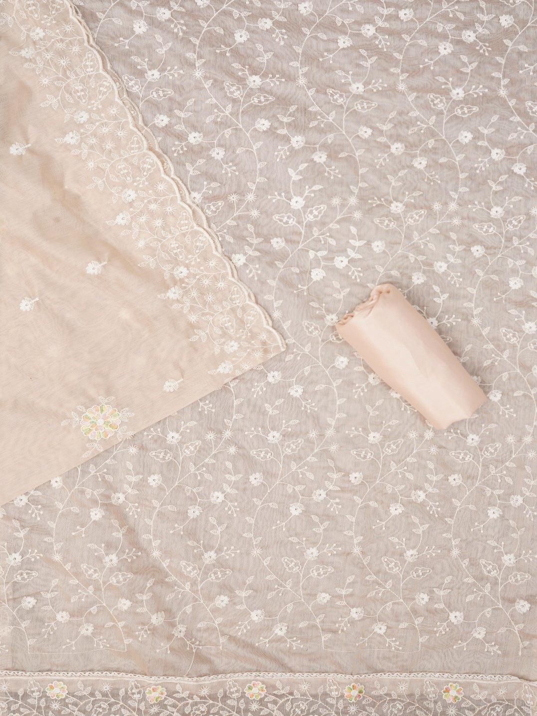 Rose Gold Cotton Lucknowi Embroidered Dress Material with Dupatta