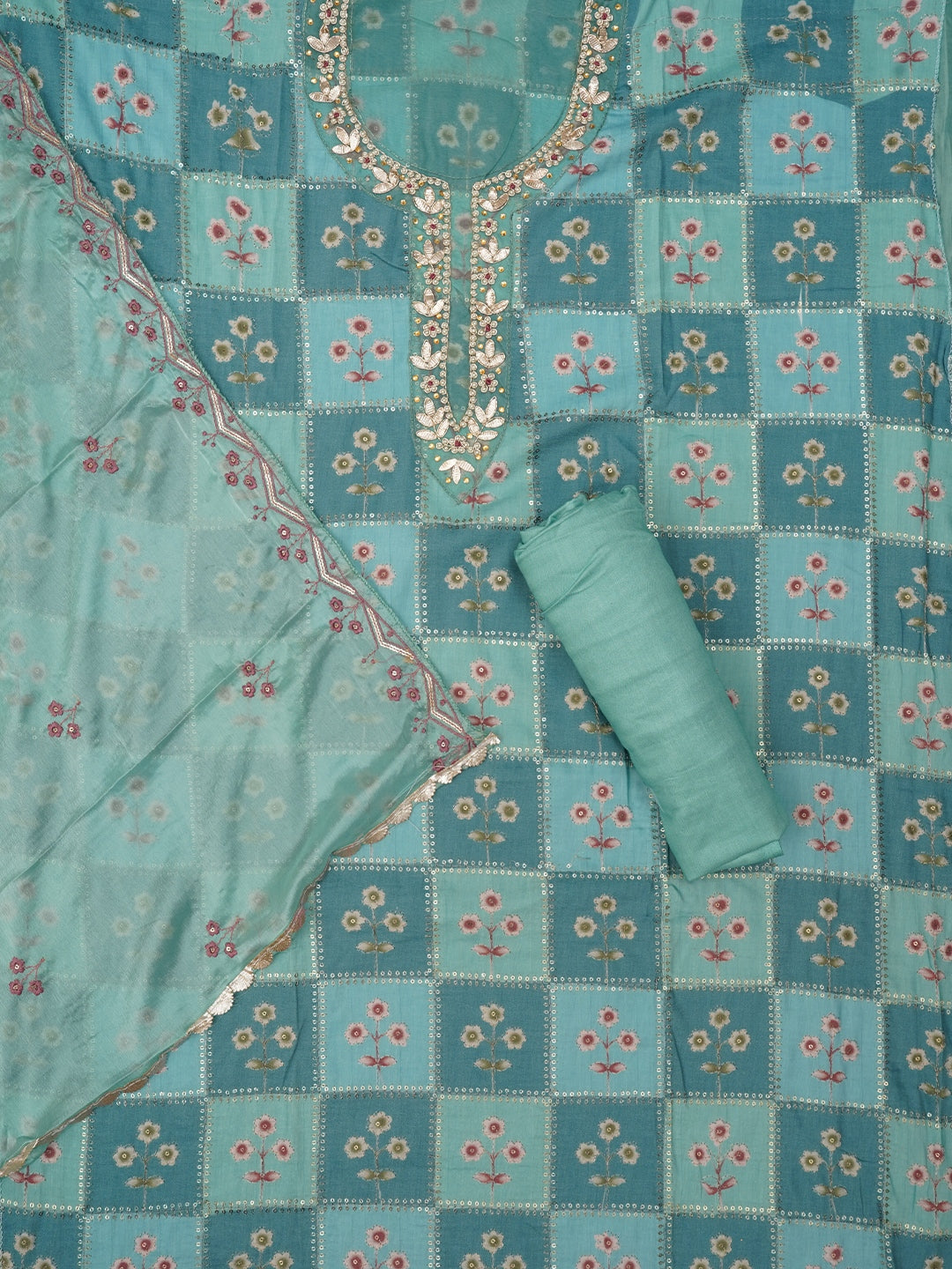 Multicolor Sequin Embellished Silk Blend Dress Material with Dupatta