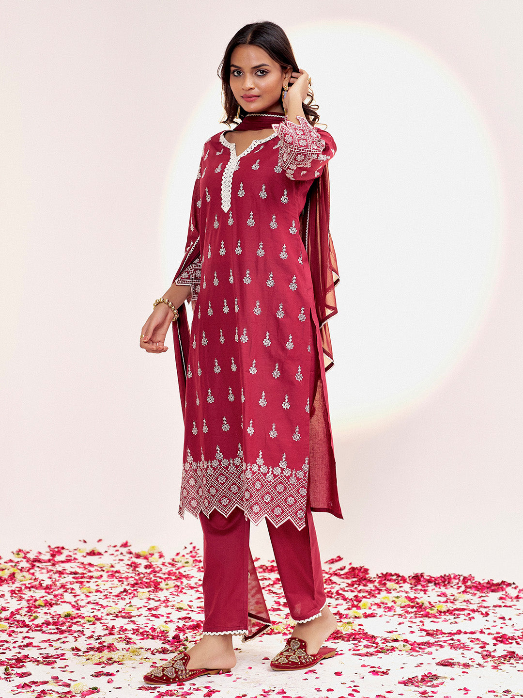 Maroon Embroidered Cotton Schiffli Kurta Set With Dupatta