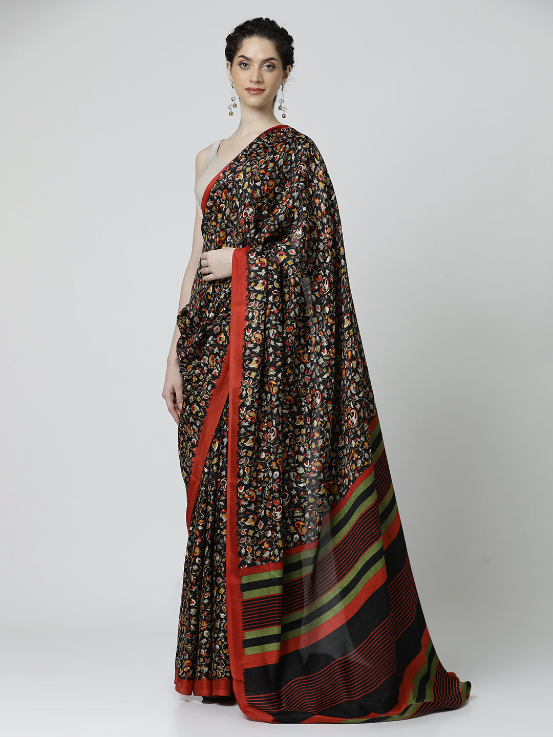 Black Floral Printed Poly Silk Saree