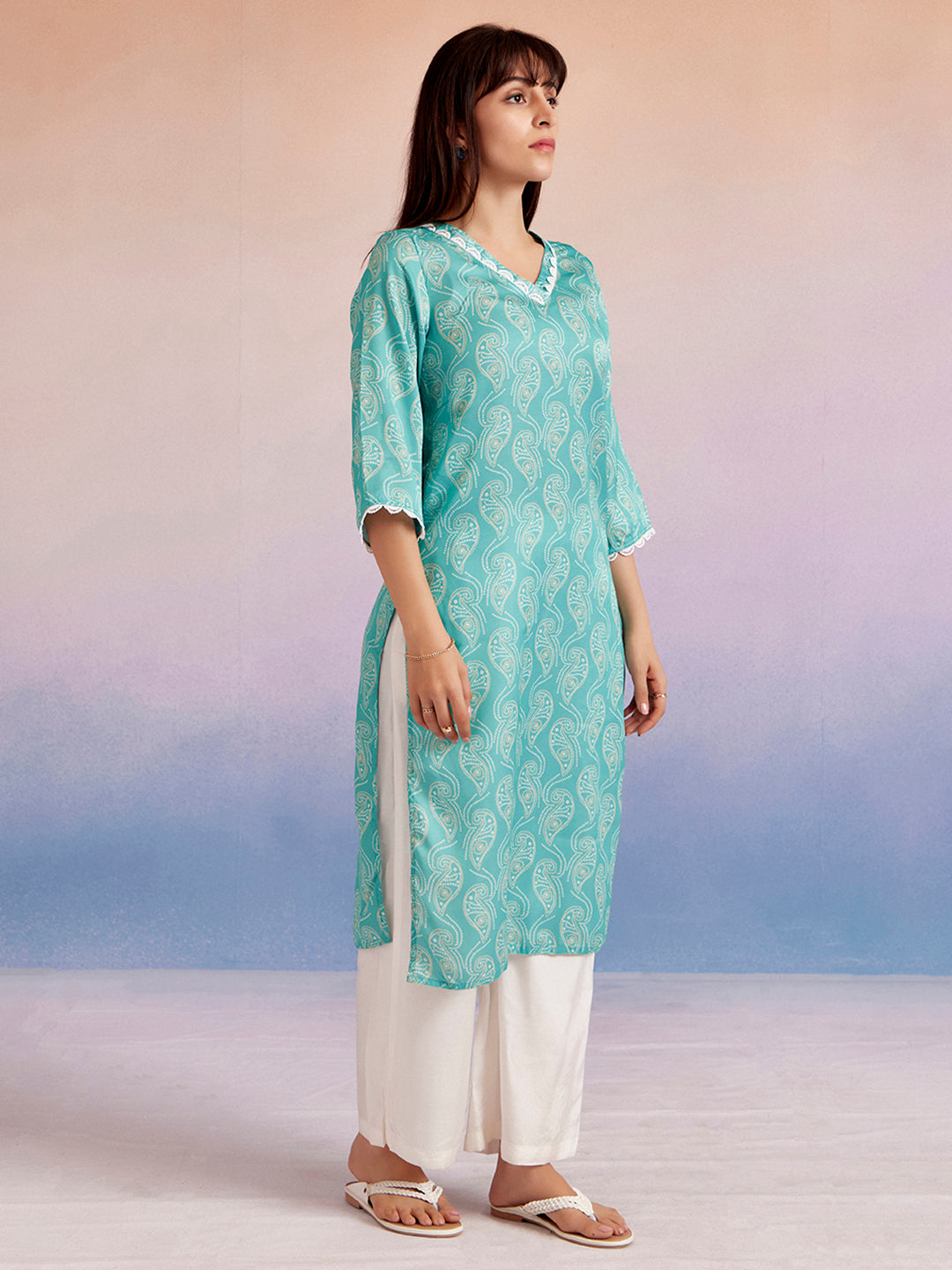 Turquoise Blue Bandhej Printed Straight Kurta