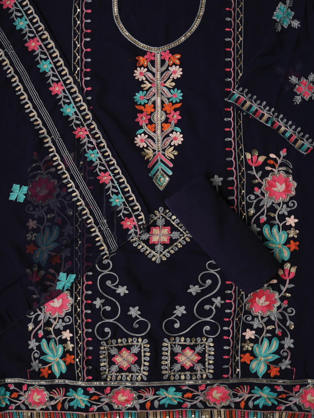 Blue Sequin Embroidered Silk Georgette Dress Material with Dupatta