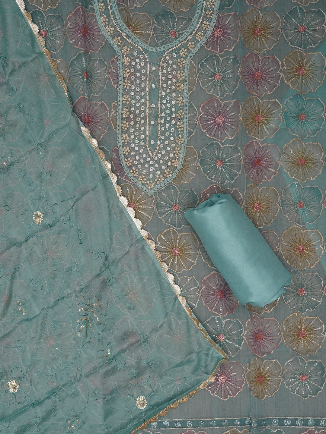 Sky Blue Floral Sequin Embroidered Organza Dress Material with Dupatta