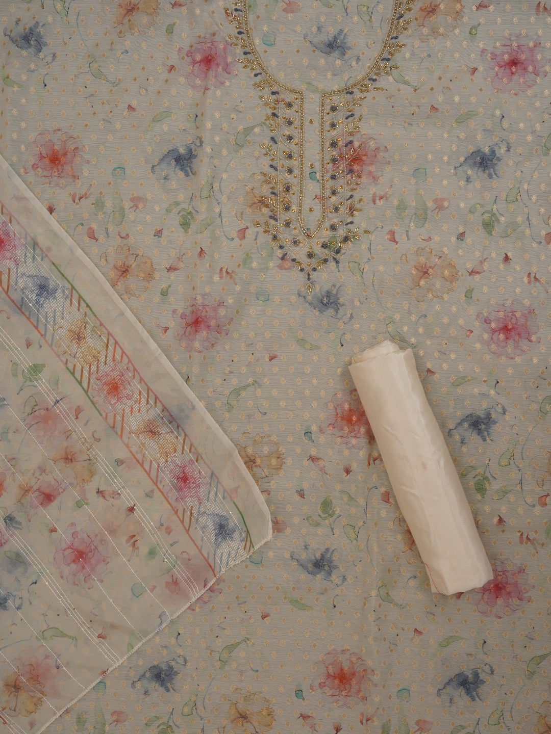 Off White Floral Printed Silk Zari Woven Dress Material with Dupatta