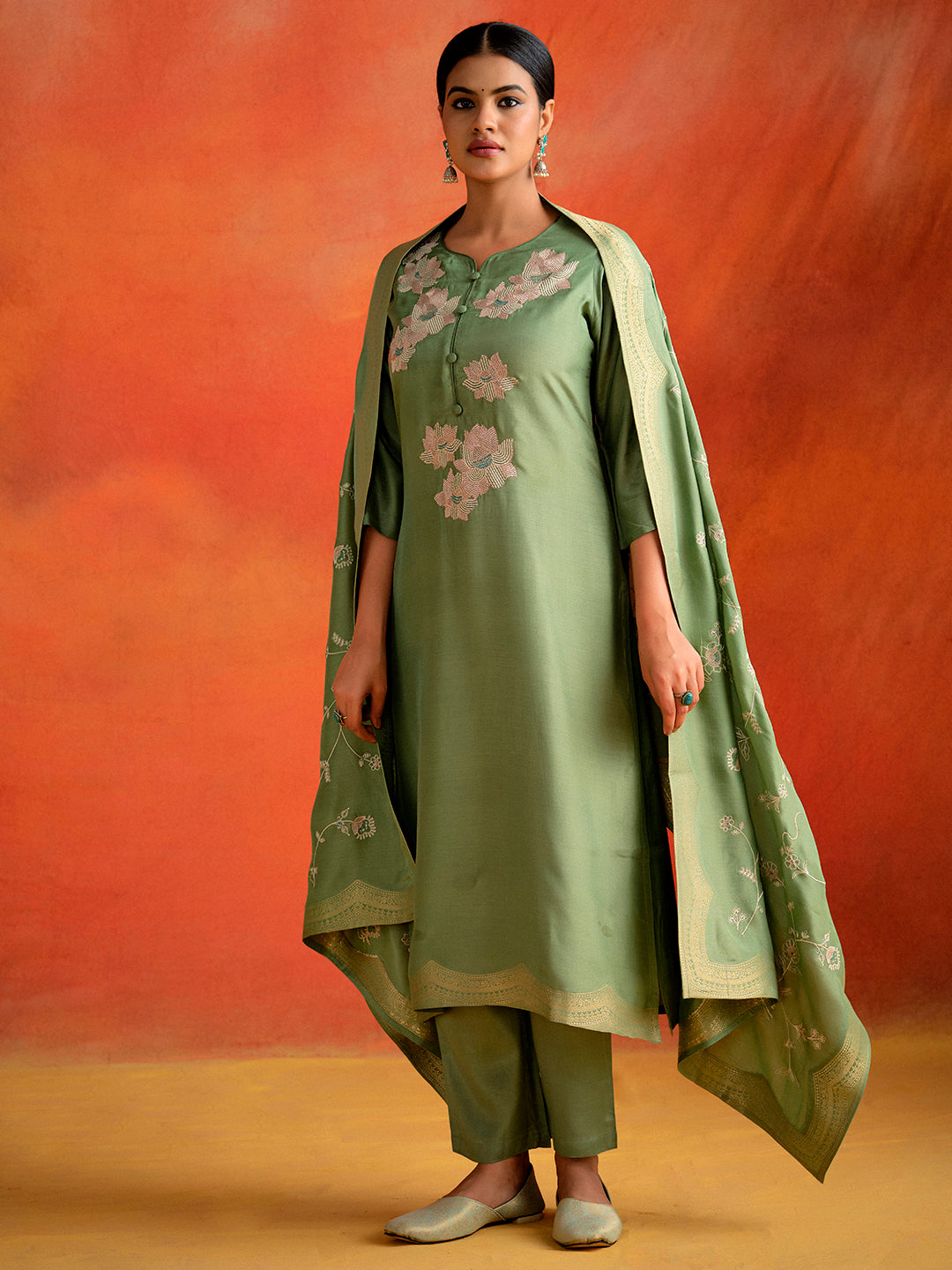 Green Hand Embroidered Festive Kurta Set With Dupatta