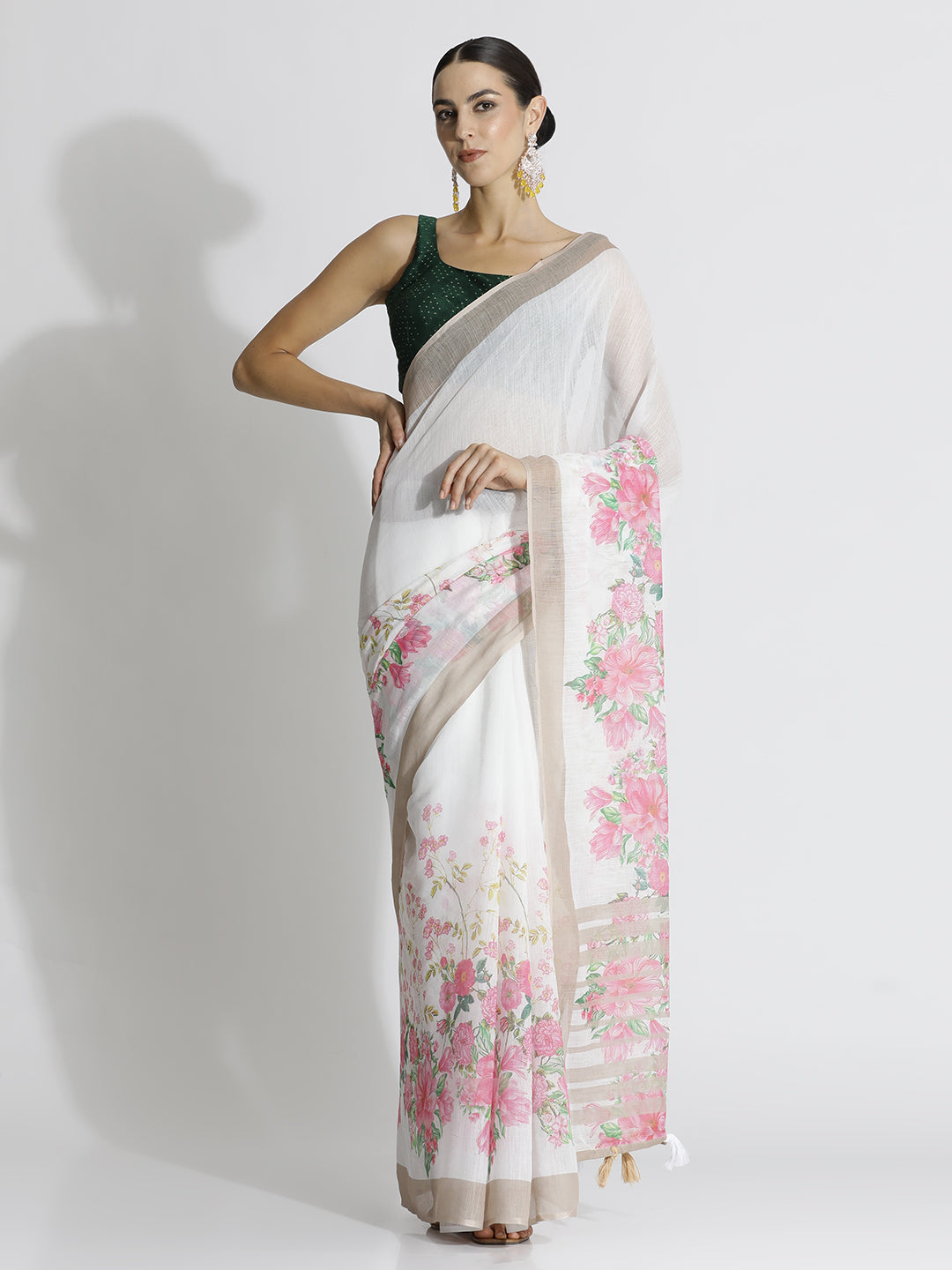 Floral Printed Daily Wear Pure Linen White Saree
