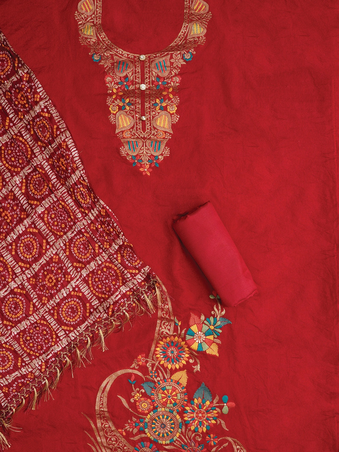 Red Unstitched Zari Silk Blend Dress Material With Dupatta