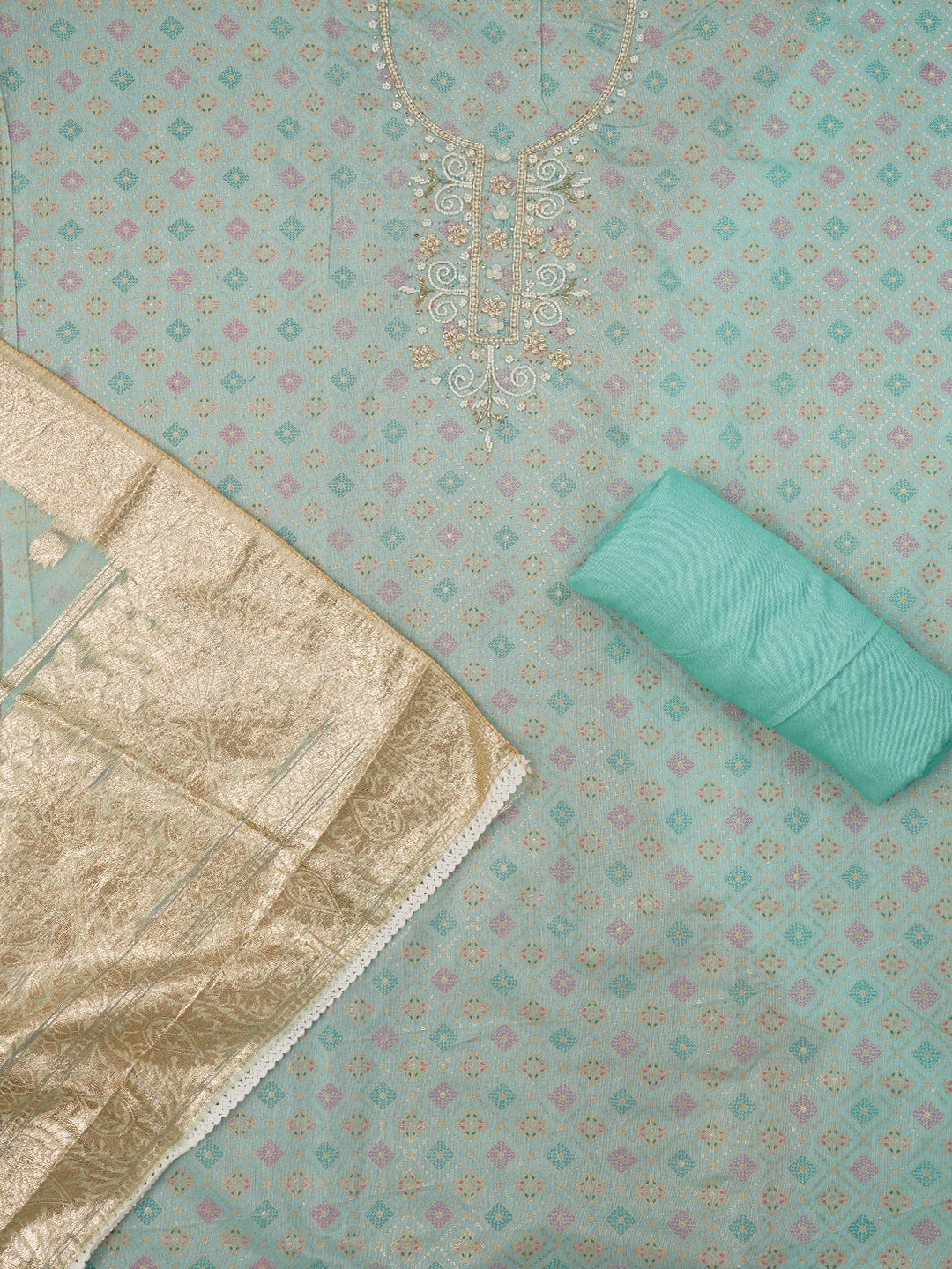 Sea Green Unstitched Embellished Cotton Blend Dress Material with Dupatta