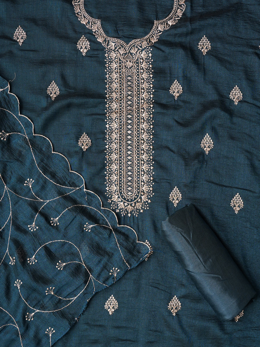Teal Unstitched Embroidered Silk Blend Dress Material With Dupatta