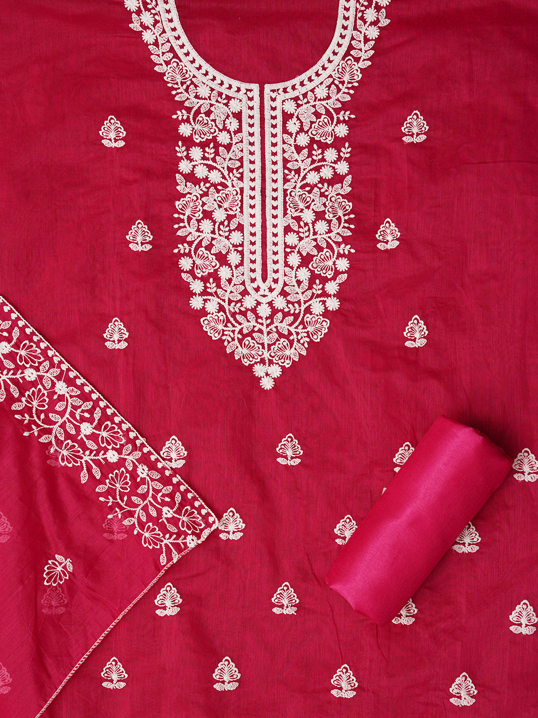 Unstitched Embroidered Cotton Blend Pink Dress Material With Dupatta