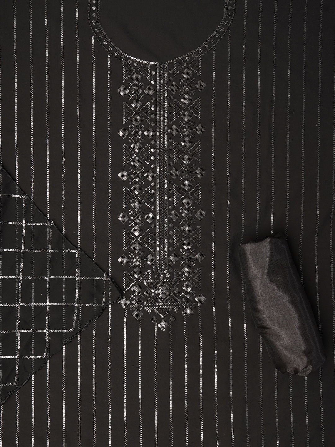 Unstitched Embroidered Black Silk Georgette Dress Material With Dupatta