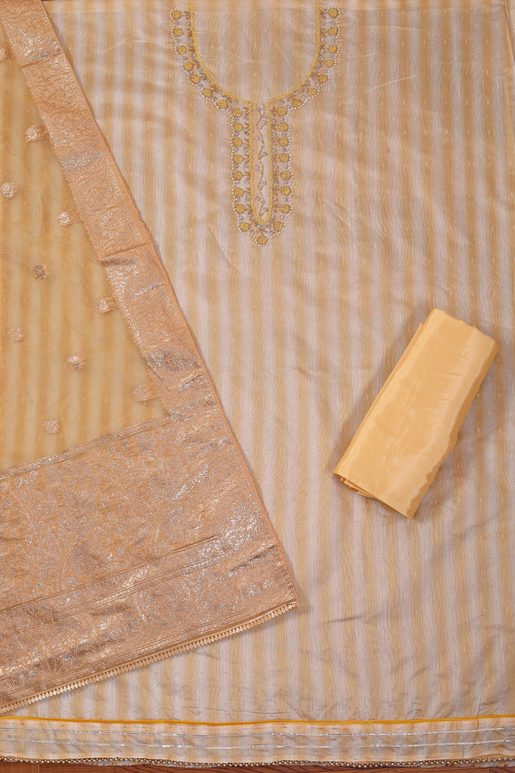 Yellow Silk Blend Embellished Dress Material With Dupatta