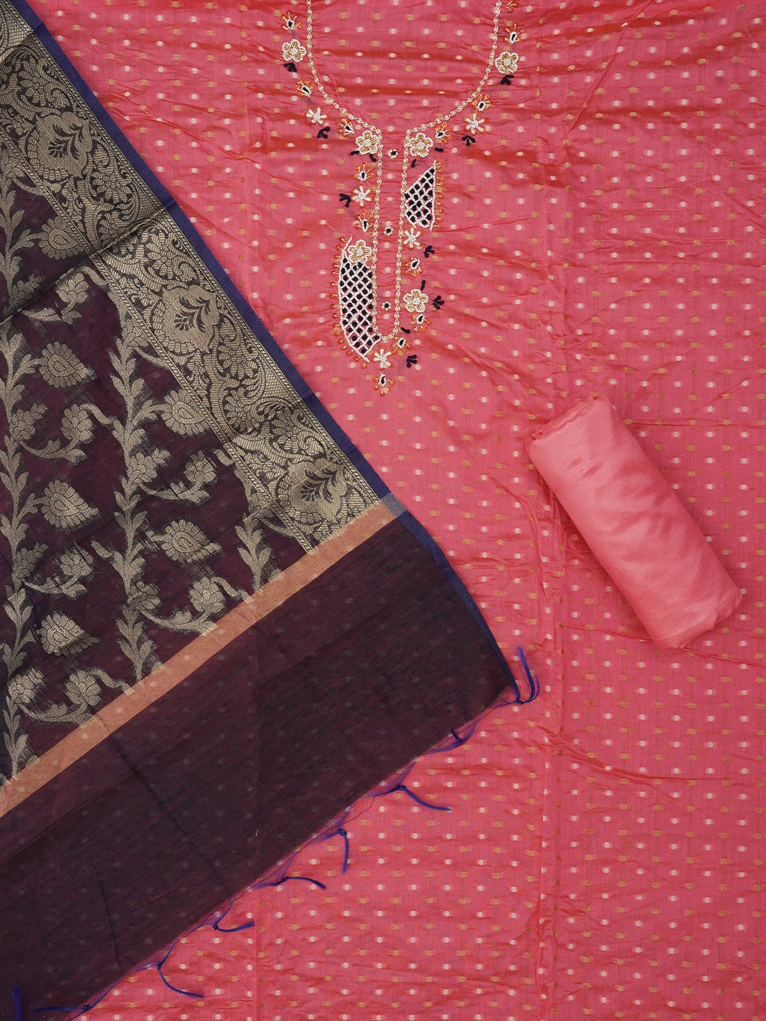 Pink Unstitched Zari Embellished Cotton Blend Dress Material with Dupatta