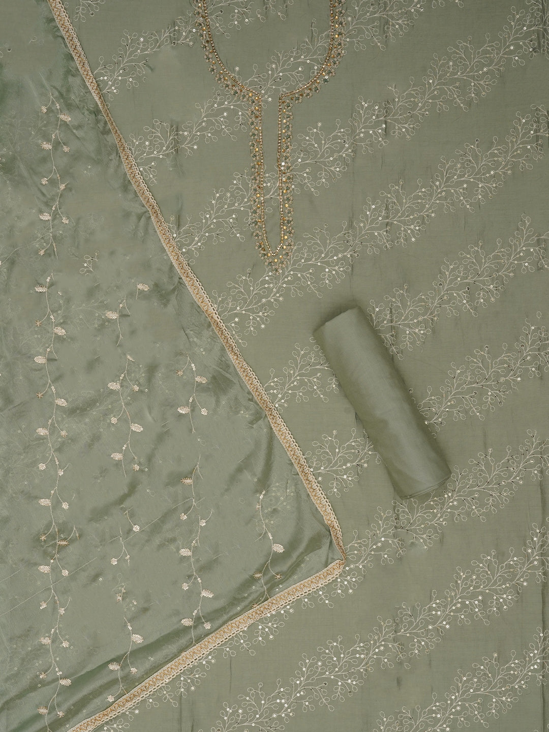 Sea Green Sequin Embroidered Pure Cotton Dress Material with Dupatta