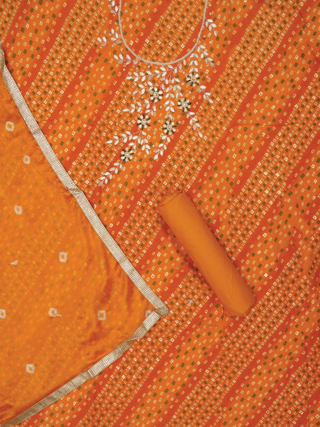 Mustard Unstitched Cotton Bandhani Printed Dress Material With Dupatta