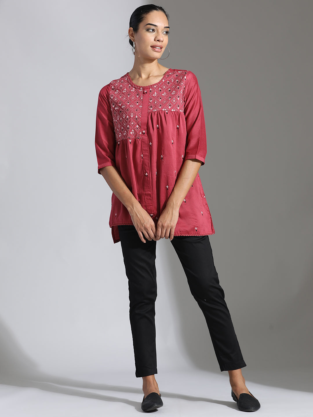 Pink Embroidered Party Wear Asymmetrical Top