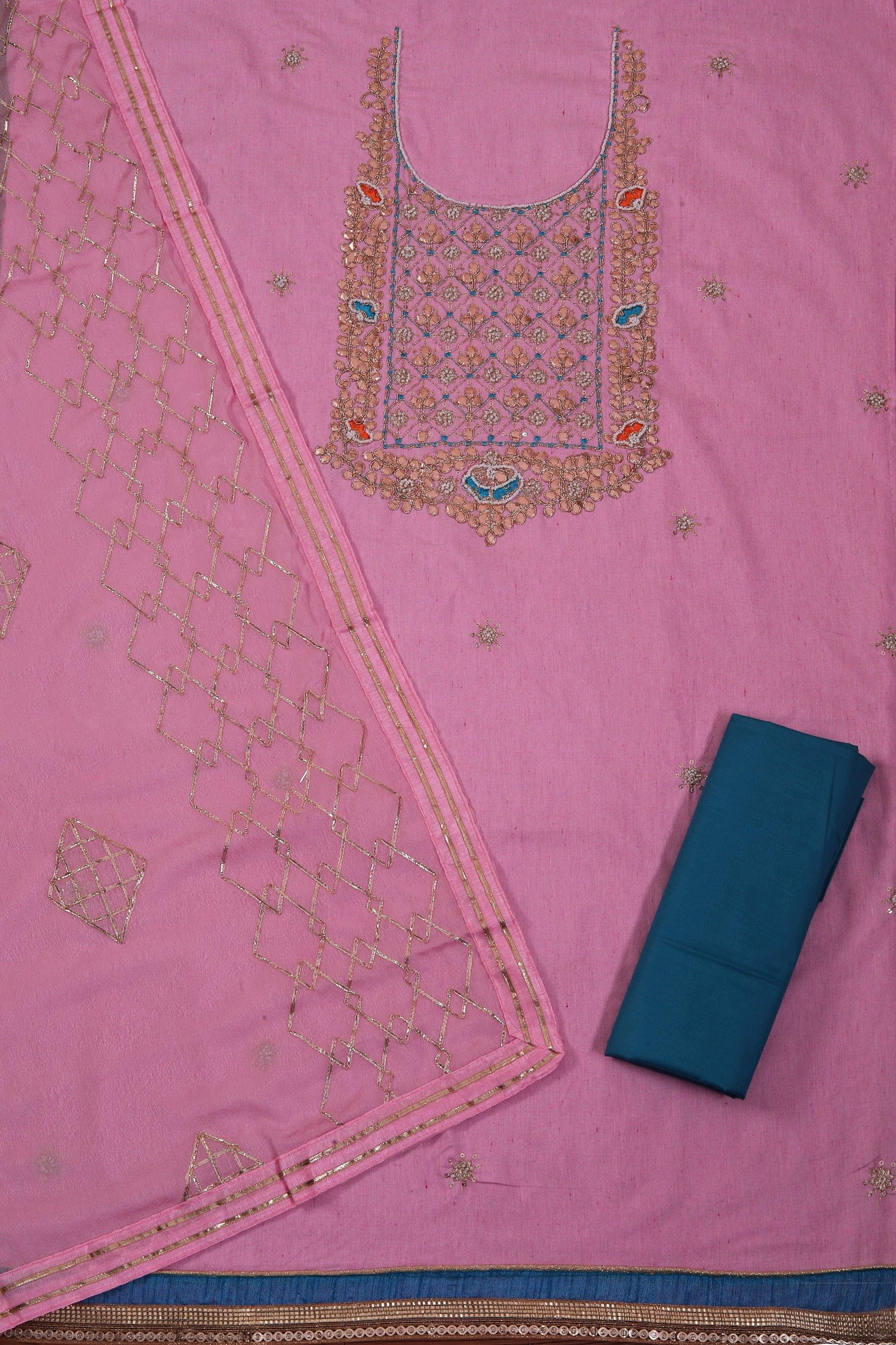 Pink Unstitched Embellished Cotton Dress Material With Dupatta