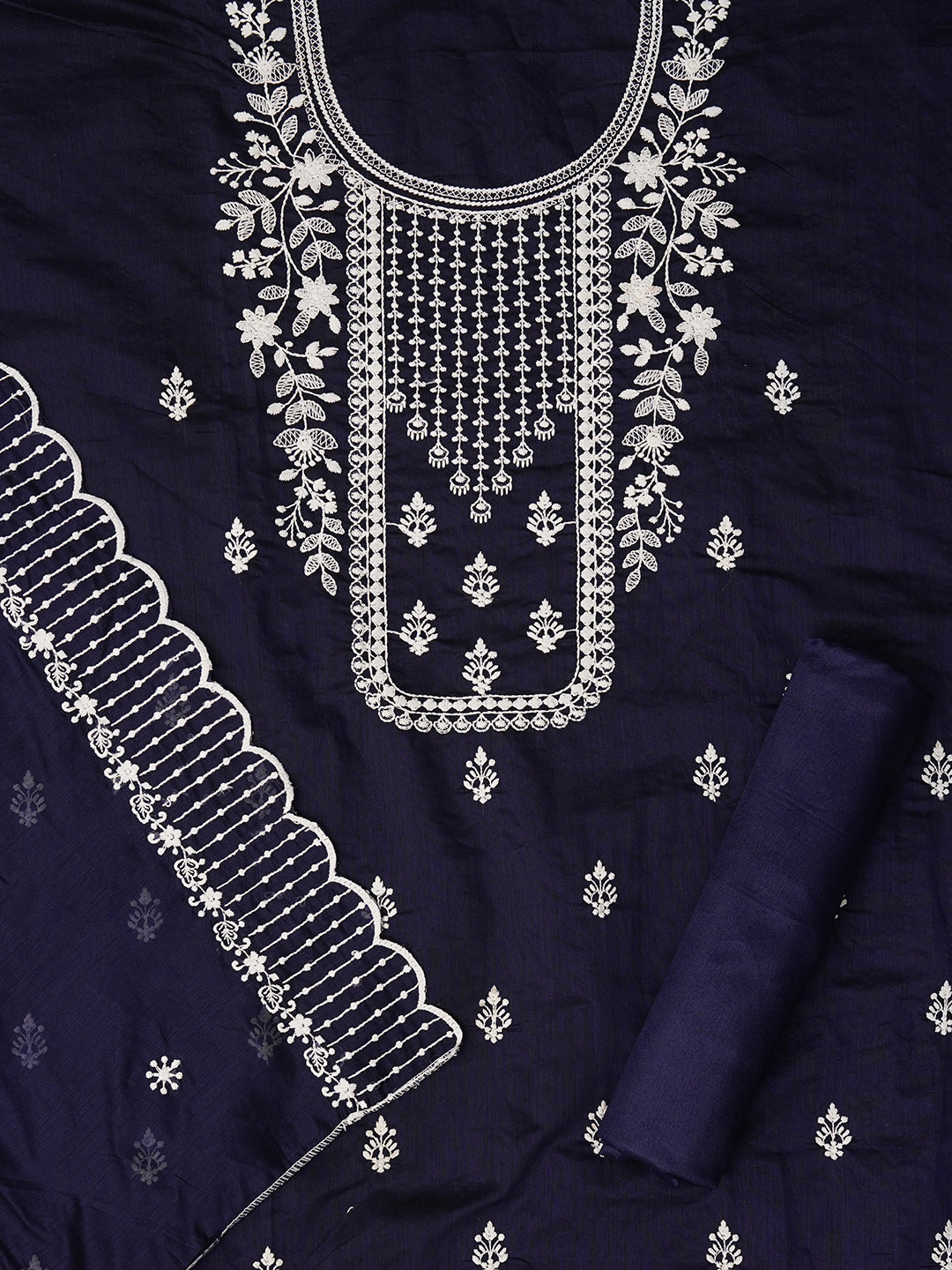 Navy Blue Unstitched Embroidered Cotton Blend Dress Material With Dupatta