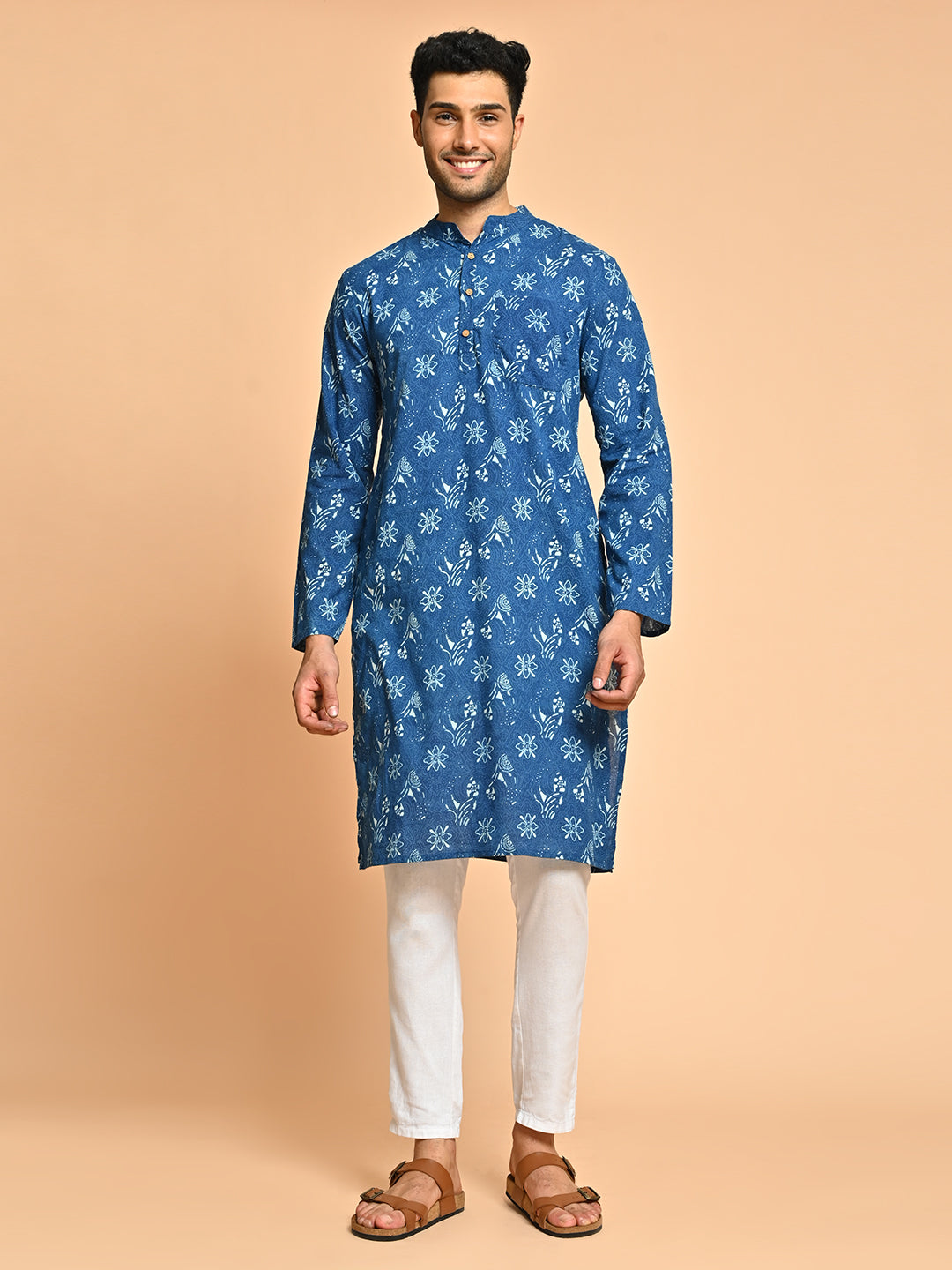 Blue Cotton Ethnic Block Printed Festive Short Kurta