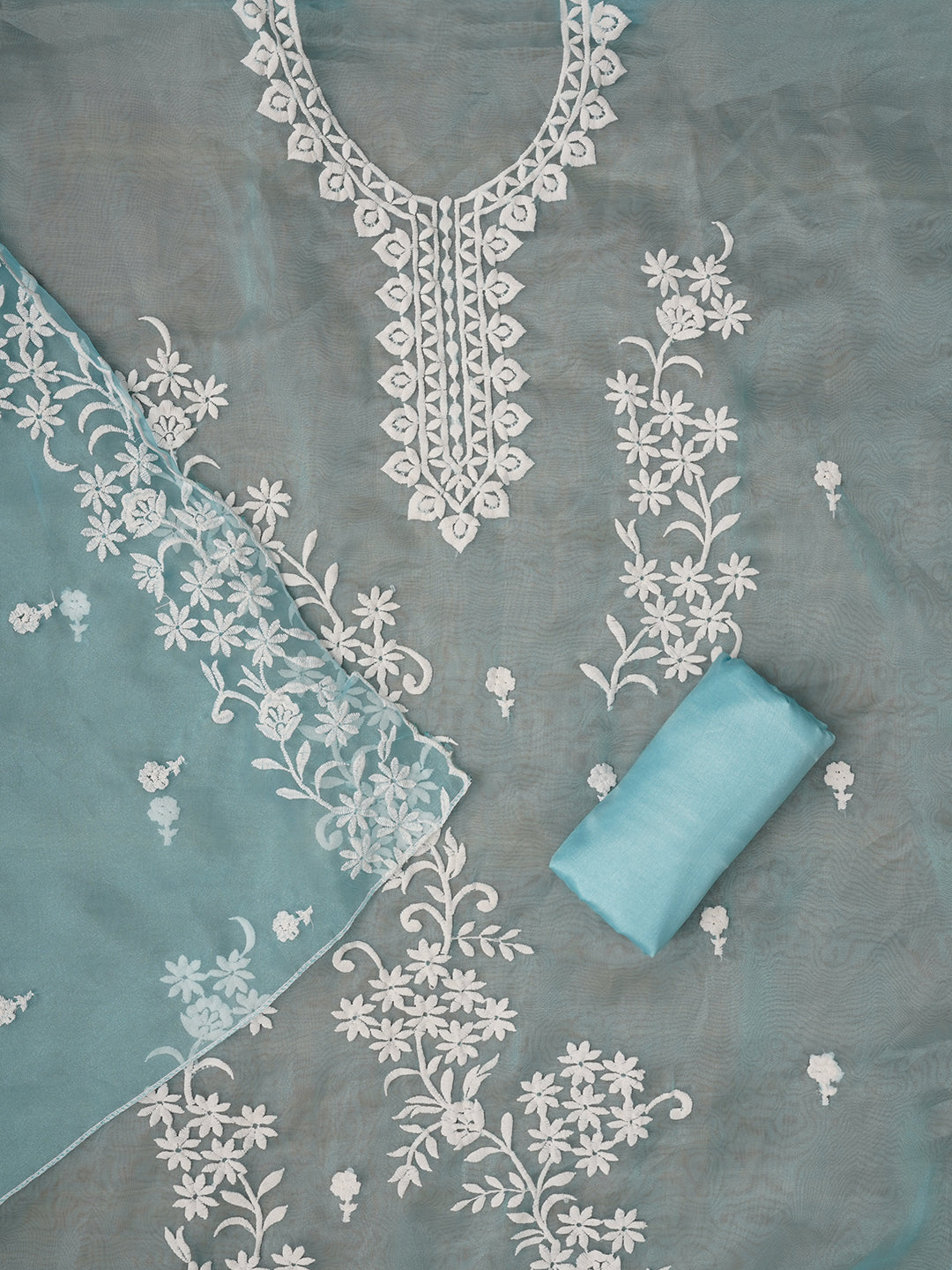 Sky Blue Floral Embroidered Organza Dress with Dupatta