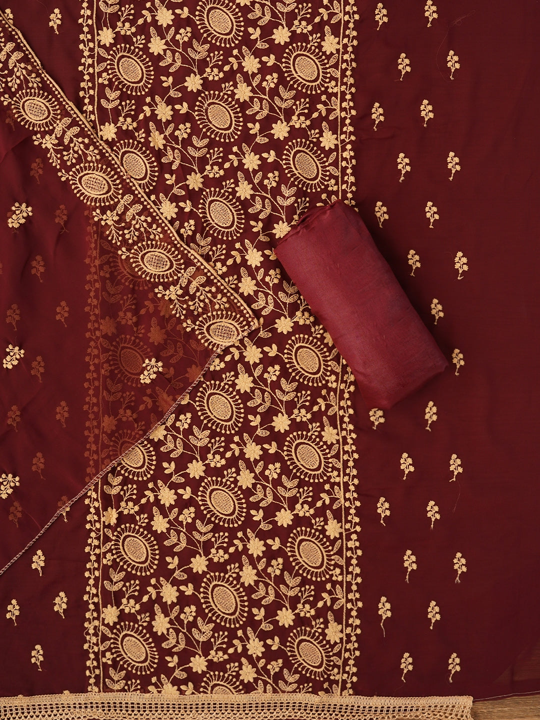 Maroon Sequin Embroidered Silk Georgette Dress Material with Dupatta