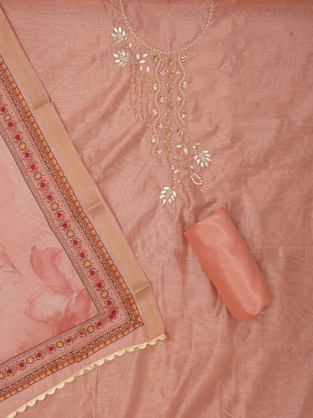 Peach Unstitched Zari Woven Design Cotton Dress Material with Dupatta