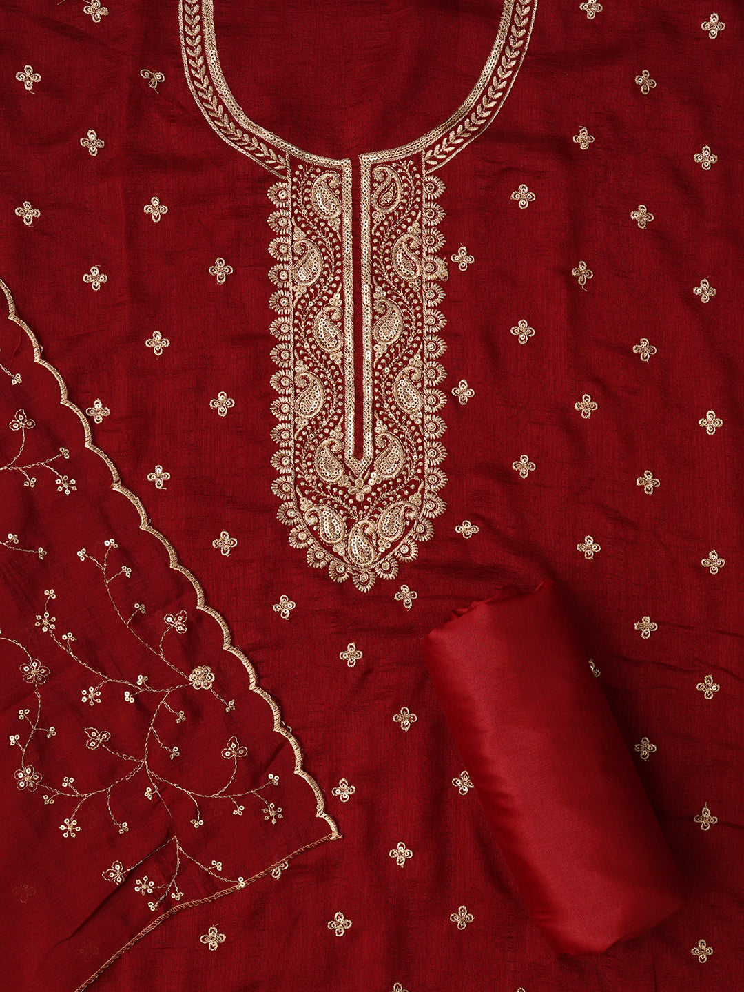 Unstitched Maroon Embroidered Cotton Blend Dress Material With Dupatta