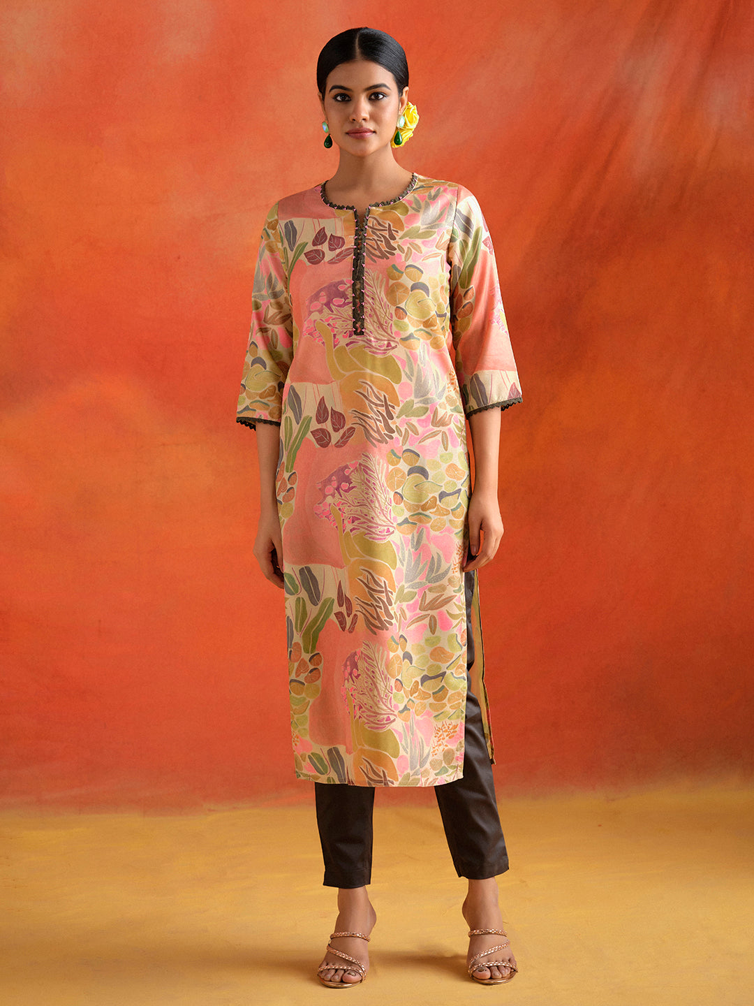 Peach Botanical Printed Embroidered Straight Kurta