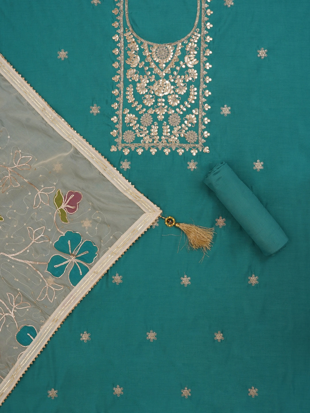 Teal Floral Printed Embroidered Pure Silk Dress Material with Dupatta