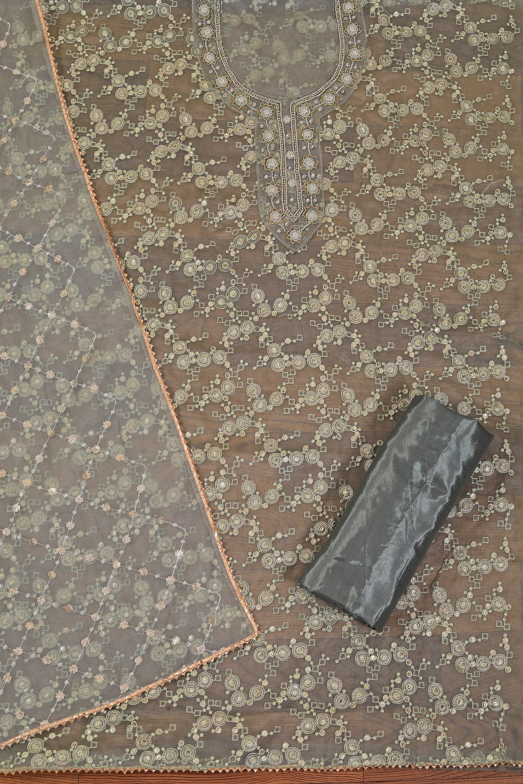 Green Embellished Ethnic Motif Printed Organza Dress Material With Dupatta