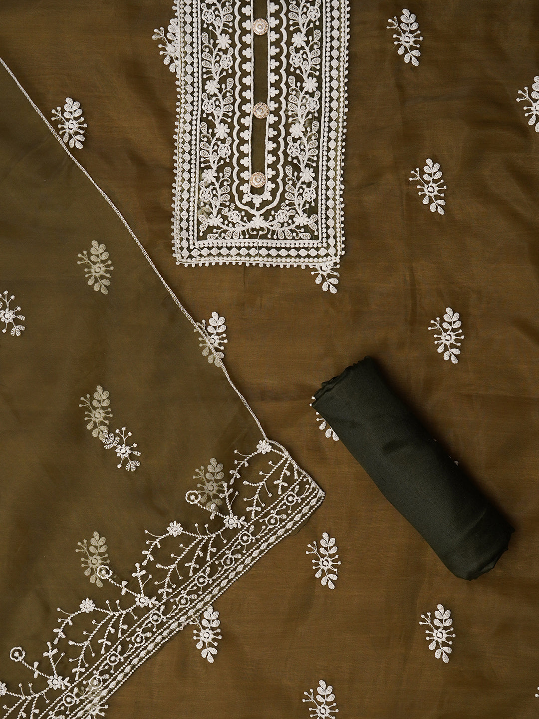 Mehendi Unstitched Embroidered Organza Dress Material With Dupatta