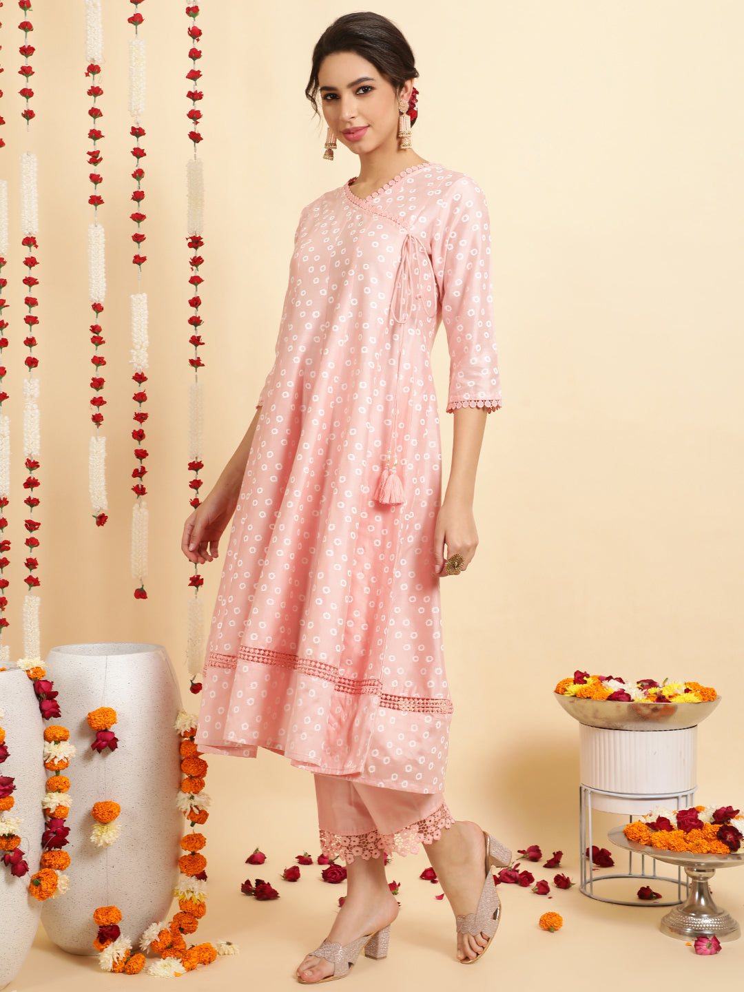 Festive Printed Anarkali Kurta Set With Handblock Dupatta