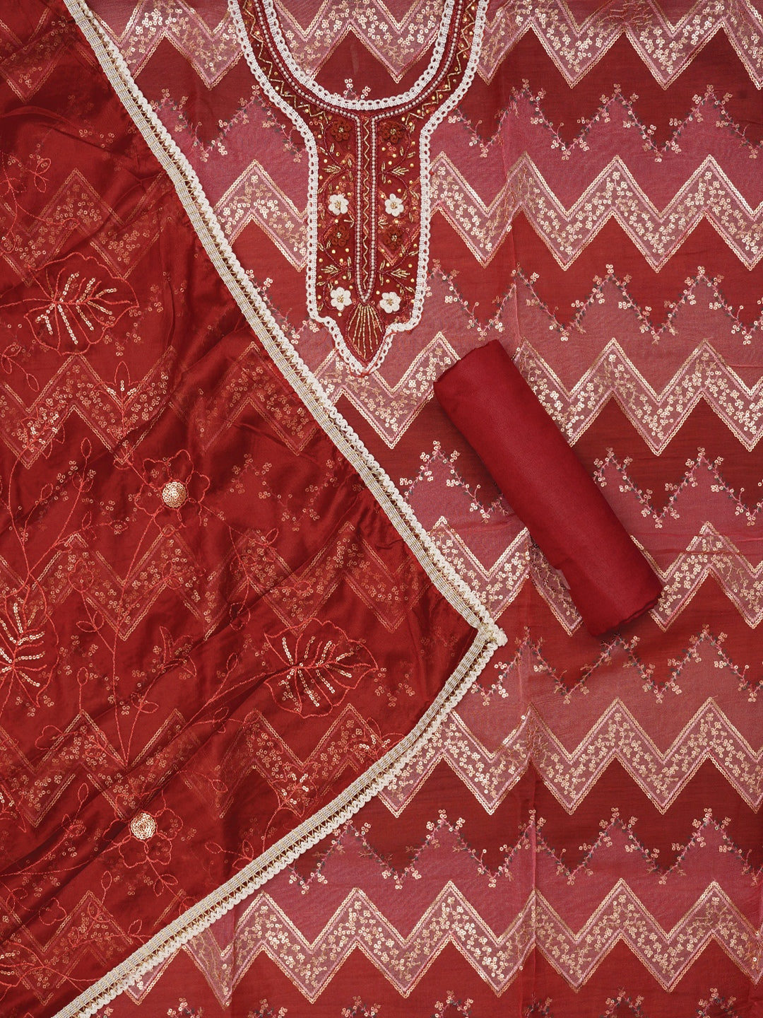 Red Sequin Embroidered Organza Dress Material with Dupatta