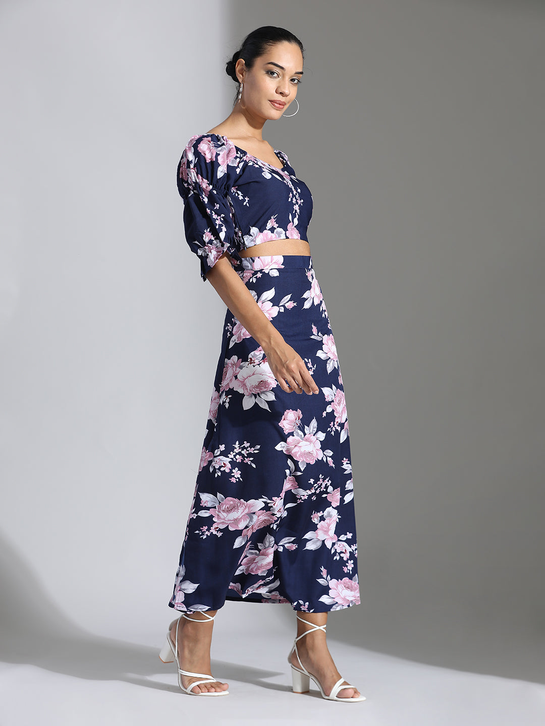 Blue Floral Printed Crop Top With Skirt Co-ord Set