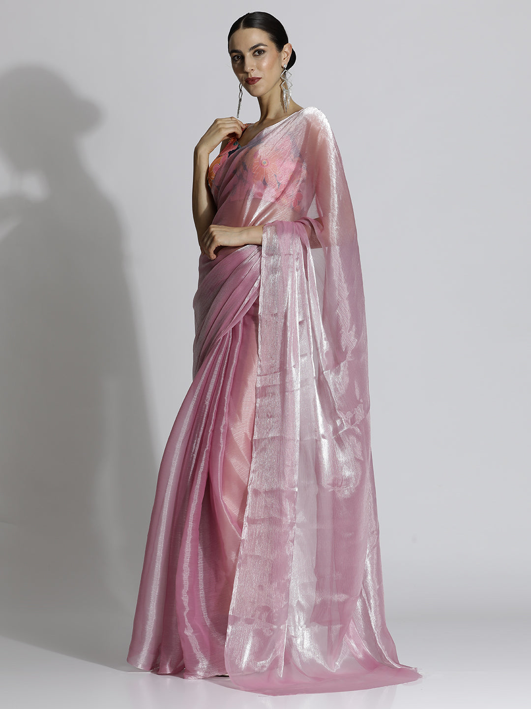 Pink Festive Tissue Solid Saree