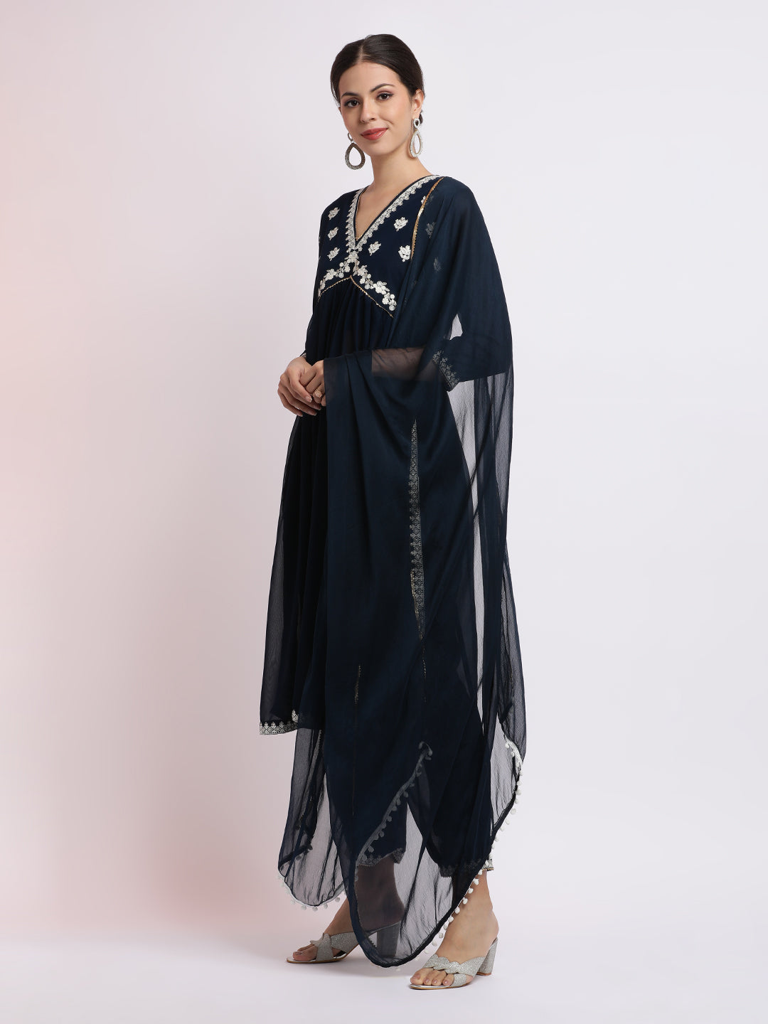Navy Blue Embroidered Georgette Kurta Set With Dupatta